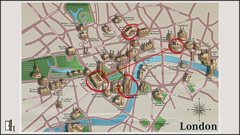 Choose the Map of London in your inventory (5 points) and mark all four points and then join (by clicking them) the House of Parliament with the British Museum and the Buckingham Palace with the St - Chapter 6 - p. 3 - Walkthrough - Gray Matter - Game Guide and Walkthrough
