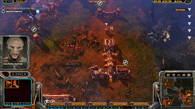 Increase your forces to, at least, 30 units of each type, including several Predators - Mission 1 - Hunters Valley - The Beta campaign - Grey Goo - Game Guide and Walkthrough