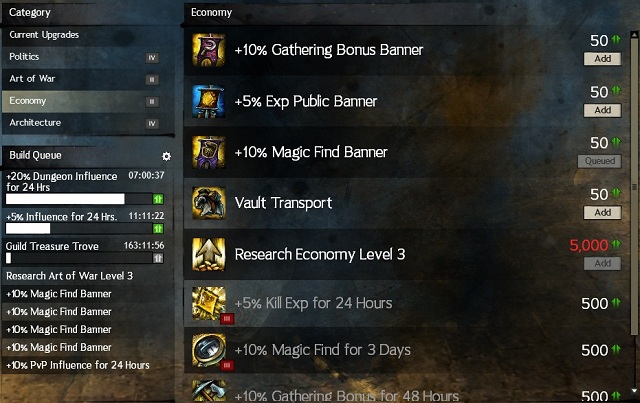 Available Economy upgrades - Influence - Guilds - Guild Wars 2 - Game Guide and Walkthrough