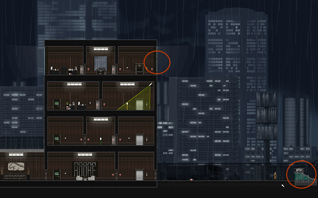 Around halfway through you will notice another person at the top floor, and then it will come to murder - Introduction - Walkthrough - Gunpoint - Game Guide and Walkthrough
