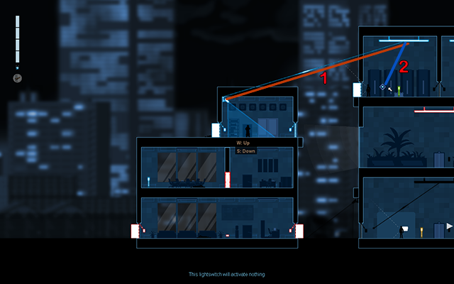 Connect the camera to the lamp located on the highest floor of the building (1) and disconnect the light switch from the same lamp (2) - #13 - Rooke: The Trace - Walkthrough - Gunpoint - Game Guide and Walkthrough