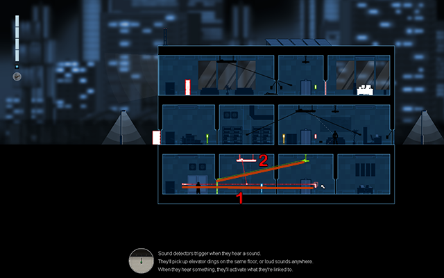 Move down one more floor and connect the light switch with the elevator's activation panel (1) and the sound sensor with the closed door (2) - #14 - Mayfield: The DataSec Recording - Walkthrough - Gunpoint - Game Guide and Walkthrough