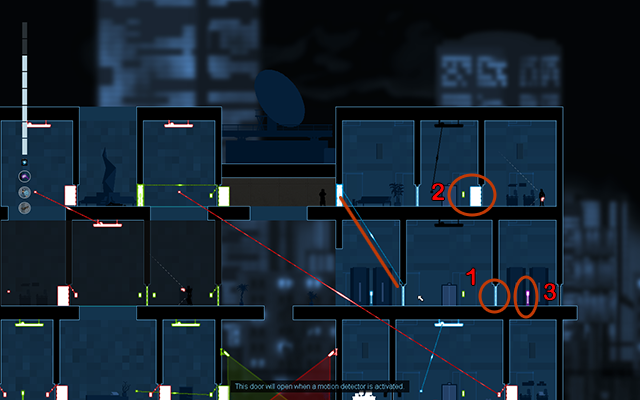 Jump on the highest floor of the right side of the building and connect the blue motion detection door with the blue closed door - #18 - A choice (Jackson: The Truth lub Rooke: The Killer) - Walkthrough - Gunpoint - Game Guide and Walkthrough