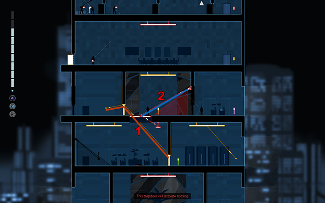 Go in the Crosslink Mode and connect the light switch located in the next room with the closed doors on the right, and those doors connect to the closed doors on the floor below (1) - #19 - Gessler: Come and fucking get me (The End) - Walkthrough - Gunpoint - Game Guide and Walkthrough