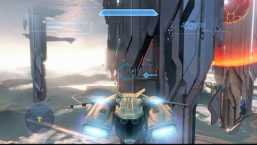 After a cut scene, fly out from the tunnel and head to a tower on left - Get to the first tower and destroy the wave generator - Shutdown - Halo 4 - Game Guide and Walkthrough