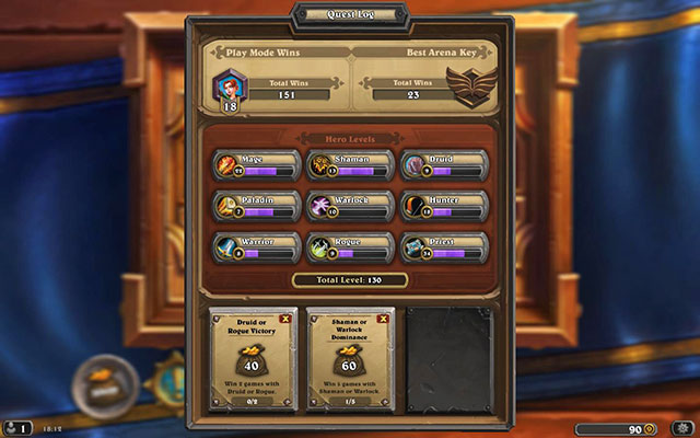 In the quest log, you can find the basic information concerning your profile, e - Quest log - The basics - Hearthstone: Heroes of Warcraft - Game Guide and Walkthrough