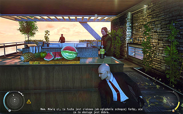 Right after beginning of this stage, cover behind the nearest table (the one with filet knife) - Greenhouse - 1: Personal Contract - Hitman: Absolution - Game Guide and Walkthrough