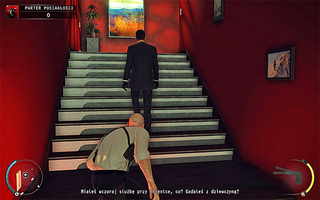 It is beast to get rid of the head of the security when he walks the stairs (screen above), but try to attack him so that he won't be able to defend himself - Mansion ground floor - 1: Personal Contract - Hitman: Absolution - Game Guide and Walkthrough