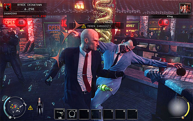 The most obvious way to eliminate the King of Chinatown is killing him while he stays in the fenced area - Chinatown square - Murdering the King of Chinatown - 2: The King of Chinatown - Hitman: Absolution - Game Guide and Walkthrough