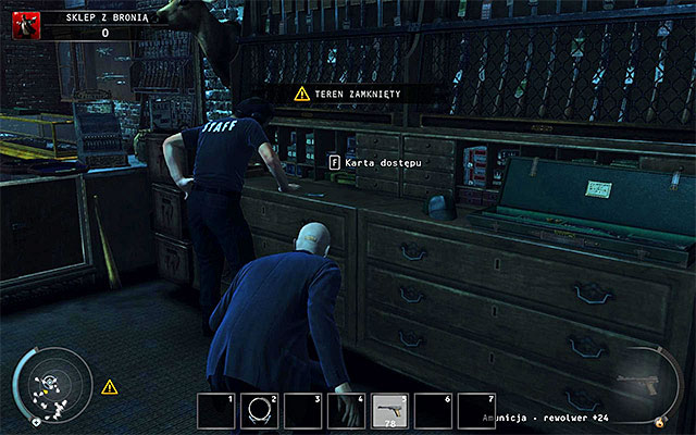 When playing on lower difficulty levels you can go behind the counter right away and take a keycard - Gun Shop - Getting the key to the cabinet - 8: Birdie's Gift - Hitman: Absolution - Game Guide and Walkthrough