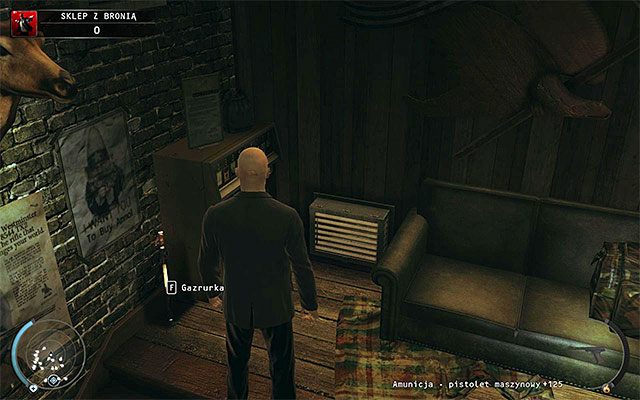 Stop at the place, where few policemen shoot ducks and examine the right wall in order to find an entrance to the ventilation shaft (screen above) - Gun Shop - Getting the key to the cabinet - 8: Birdie's Gift - Hitman: Absolution - Game Guide and Walkthrough