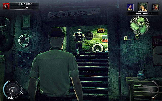 If you start exploring the car garage in the ground floor, then start locating the stairs shown on the above screen as fast as you can - Streets of Hope - Murdering Landon Metcalf - 9: Shaving Lenny - Hitman: Absolution - Game Guide and Walkthrough