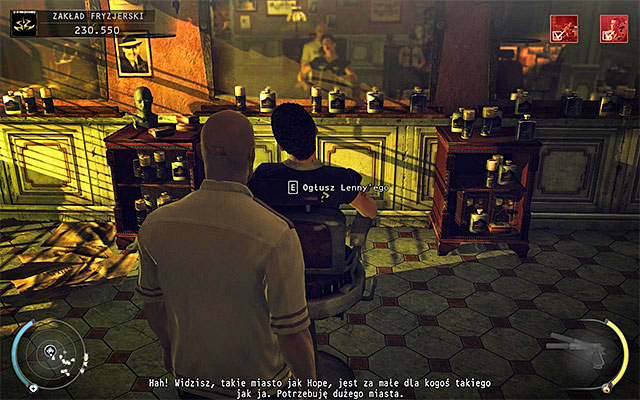 Go to the back of the salon, wait until Lenny sits on one of chairs and then approach him from behind and press interaction key/button, thus ending this stage - Barbershop - Neutralizing Lenny - 9: Shaving Lenny - Hitman: Absolution - Game Guide and Walkthrough