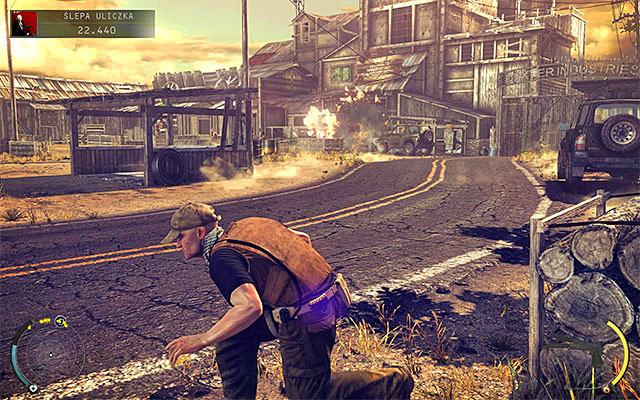 On higher difficulty levels you should completely ignore the main entrance or use it as a last resort to distract enemies by shooting an explosive barrel, hoping that enemies will be confused after the explosion - Dead End - Locating sawmill entrance - 11: Dexter Industries - Hitman: Absolution - Game Guide and Walkthrough