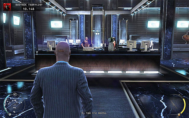 If you do not have to sneak in the lobby (arms dealer disguise), then you can go to the elevator visible in a distance right away - Factory Compound - Accessing the elevator in lobby - 11: Dexter Industries - Hitman: Absolution - Game Guide and Walkthrough