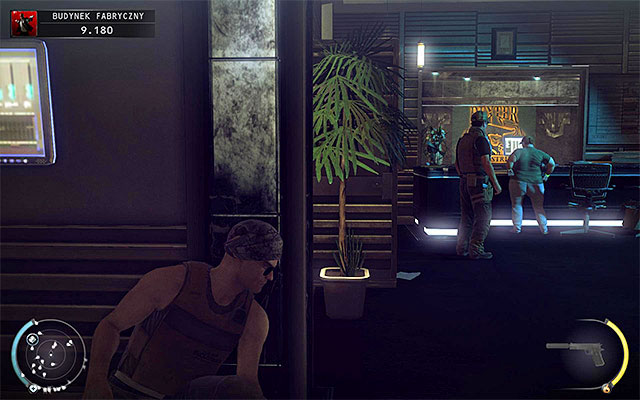 Carefully move through the corridor connecting reception with lobby, reaching the place shown on the above screen - Factory Compound - Accessing the factory building lobby - 11: Dexter Industries - Hitman: Absolution - Game Guide and Walkthrough