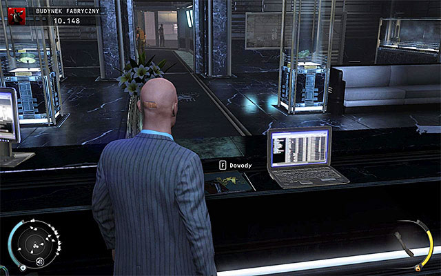 Before leaving this location it would be worth to obtain evidence shown on the above screen, lying on the desk in a central part of the lobby - Factory Compound - Accessing the elevator in lobby - 11: Dexter Industries - Hitman: Absolution - Game Guide and Walkthrough