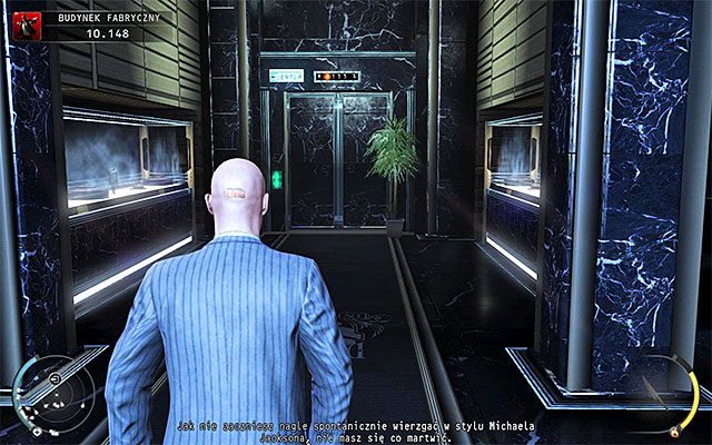 Your current goal is the elevator shown on the above screen - Factory Compound - Accessing the elevator in lobby - 11: Dexter Industries - Hitman: Absolution - Game Guide and Walkthrough