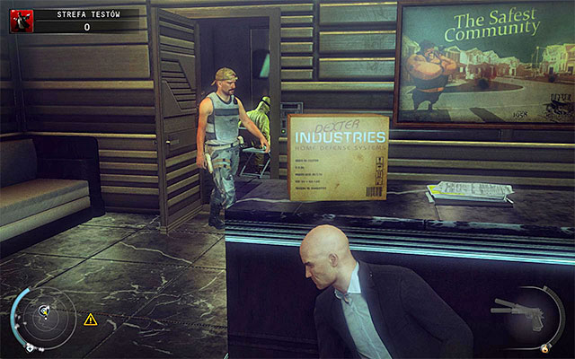 Quickly move to a spot shown on the above screen - a counter near the room with guards - Test Facility - Accessing the test facility - 12: Death Factory - Hitman: Absolution - Game Guide and Walkthrough