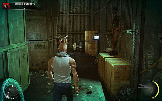The back part of the hangar should be patrolled by two or three enemies - Patriot's Hangar - Exploring the hangar - 13: Fight Night - Hitman: Absolution - Game Guide and Walkthrough