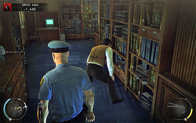 A library is a place which can be accessed only by authorized persons, so it would be best to use court security guard disguise - Courthouse - Exploring the courthouse - 15: Skurkys Law - Hitman: Absolution - Game Guide and Walkthrough