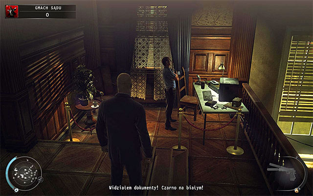 A computer terminal to interact with is located left from the entrance to the balcony - Courthouse - Getting to the holding cells in defendant disguise - 15: Skurkys Law - Hitman: Absolution - Game Guide and Walkthrough