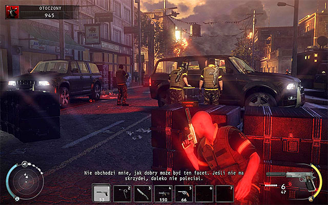 Once you get to one of main city streets, carefully sneak past enemies here, using boxes and parked cars as covers - Outgunned - 16: Operation Sledgehammer - Hitman: Absolution - Game Guide and Walkthrough