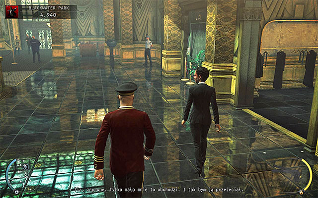 Put on the costume and find the security woman (black costume), who is the only one with an access to the lift - 18: Blackwater Park - p. 2 - Challenges - Hitman: Absolution - Game Guide and Walkthrough