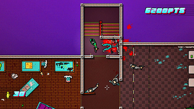 Once there, fire at the enemy by the stairs - Scene 1 - Down Under - Act 1 - Exposition - Hotline Miami 2: Wrong Number - Game Guide and Walkthrough