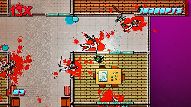 The last opponent is hiding in the room at the very top - Scene 3 - Hard News - Act 1 - Exposition - Hotline Miami 2: Wrong Number - Game Guide and Walkthrough
