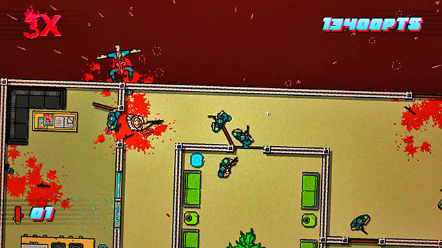 To your right, there are several policemen and one that is stronger than the rest - Scene 4 - Final Cut - Act 1 - Exposition - Hotline Miami 2: Wrong Number - Game Guide and Walkthrough