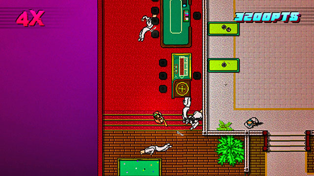 After you have defeated all four of them, go right and enter the room at the other side of the floor - Scene 5 - First Trial - Act 2 - Rising - Hotline Miami 2: Wrong Number - Game Guide and Walkthrough