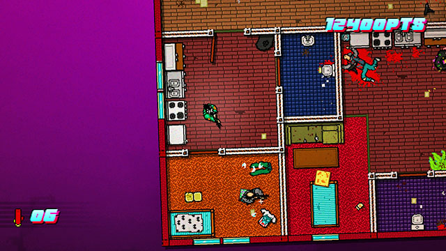 The last enemy is standing to the left of the stairs - Scene 6 - Moving Up - Act 2 - Rising - Hotline Miami 2: Wrong Number - Game Guide and Walkthrough