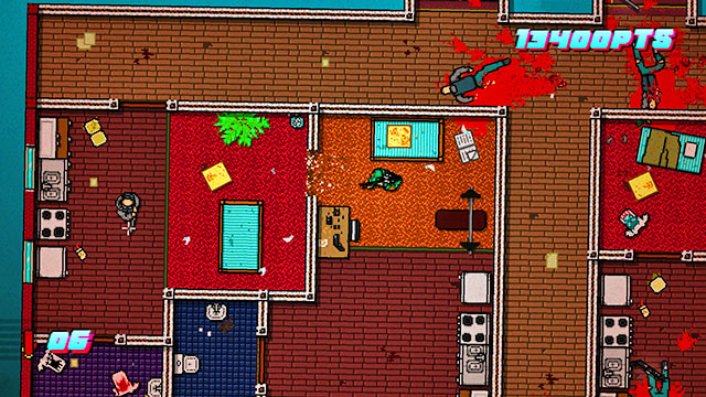 Upstairs, first kill the guard with melee weapon - Scene 6 - Moving Up - Act 2 - Rising - Hotline Miami 2: Wrong Number - Game Guide and Walkthrough