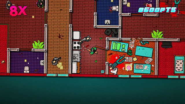 Eliminate the enemy in the corridor, and another one in the room on the left - Scene 6 - Moving Up - Act 2 - Rising - Hotline Miami 2: Wrong Number - Game Guide and Walkthrough