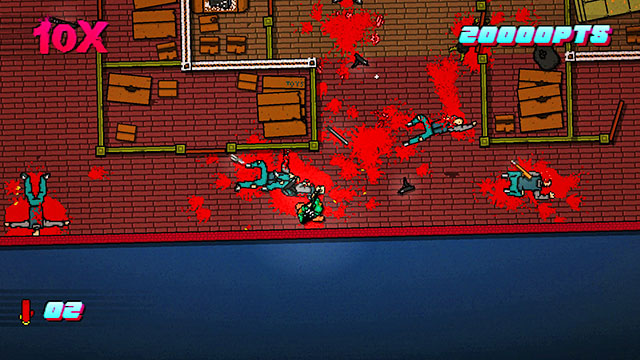 In the room, there are four opponents, who it is better to kill by shooting at a distance - Scene 6 - Moving Up - Act 2 - Rising - Hotline Miami 2: Wrong Number - Game Guide and Walkthrough