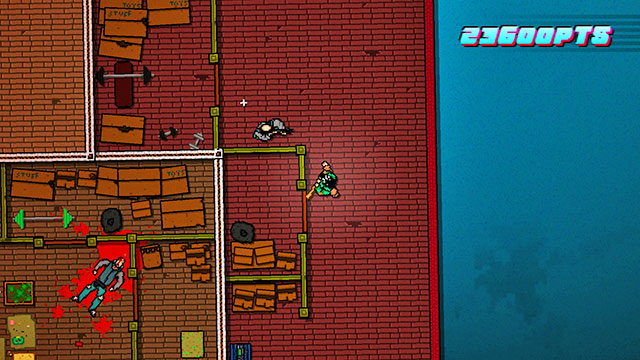 After you kill the last enemy, return to the big room with several shooters - Scene 6 - Moving Up - Act 2 - Rising - Hotline Miami 2: Wrong Number - Game Guide and Walkthrough