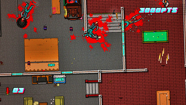 Climb down the stairs, next to the sofas, there are two more shooters - Scene 7 - No Mercy - Act 2 - Rising - Hotline Miami 2: Wrong Number - Game Guide and Walkthrough