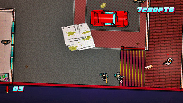 By the cars, there are more enemies, with firearms this time - Scene 7 - No Mercy - Act 2 - Rising - Hotline Miami 2: Wrong Number - Game Guide and Walkthrough