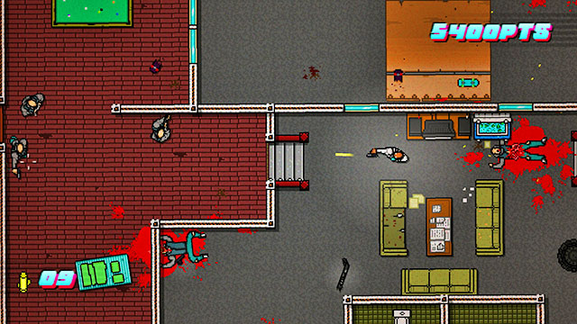 Of the entrance, go down and kill the two enemies with melee weapons - Scene 7 - No Mercy - Act 2 - Rising - Hotline Miami 2: Wrong Number - Game Guide and Walkthrough
