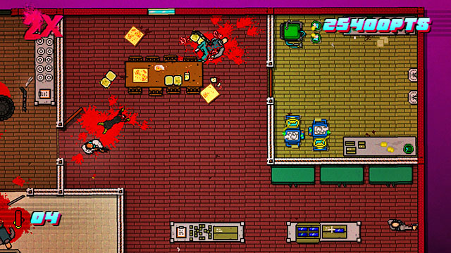 The bottom part of the map is being patrolled by a dog - Scene 7 - No Mercy - Act 2 - Rising - Hotline Miami 2: Wrong Number - Game Guide and Walkthrough