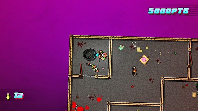 Kill the opponent that is patrolling the area on the right and go up - Scene 10 - Into the Pit - Act 3 - Climax - Hotline Miami 2: Wrong Number - Game Guide and Walkthrough