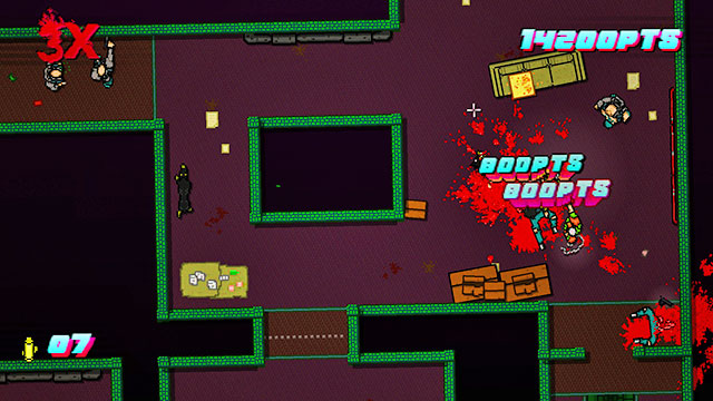 In the upper corridor, there are several enemies and a dog - Scene 10 - Into the Pit - Act 3 - Climax - Hotline Miami 2: Wrong Number - Game Guide and Walkthrough