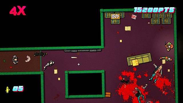Take a weapon from one of the corpse and look at the room on the left - Scene 10 - Into the Pit - Act 3 - Climax - Hotline Miami 2: Wrong Number - Game Guide and Walkthrough
