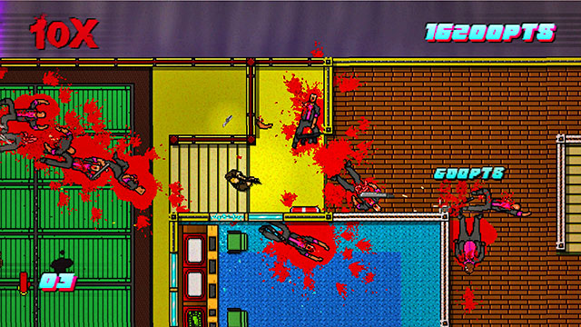 Stand to the left of the main stairs and start shooting down - Scene 11 - Dead Ahead - Act 3 - Climax - Hotline Miami 2: Wrong Number - Game Guide and Walkthrough