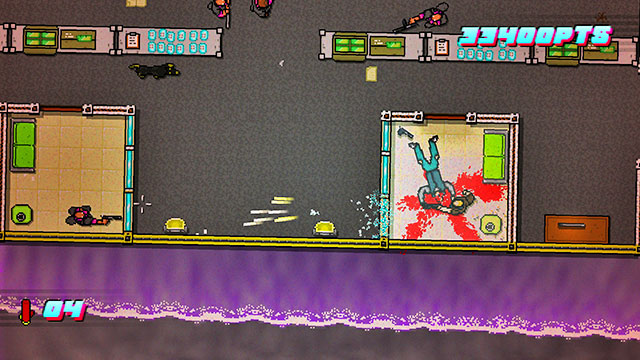 After you have eliminated the initial wave, replace your weapon, lean out from behind the table and shoot the opponent - Scene 11 - Dead Ahead - Act 3 - Climax - Hotline Miami 2: Wrong Number - Game Guide and Walkthrough
