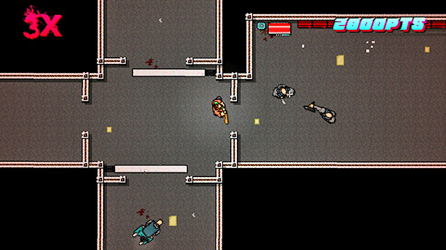 The upper platform is being patrolled by two shooters and two men with melee weapons - Scene 13 - Subway - Act 4 - Falling - Hotline Miami 2: Wrong Number - Game Guide and Walkthrough