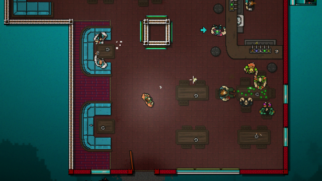 The only thing that you can do in the bar is talk to Biker, a character from the previous episode of the game - Scene 13 - Subway - Act 4 - Falling - Hotline Miami 2: Wrong Number - Game Guide and Walkthrough