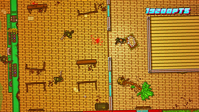Go to the right of the stairs and wait for a beefcake to appear - Scene 14 - Stronghold - Act 4 - Falling - Hotline Miami 2: Wrong Number - Game Guide and Walkthrough