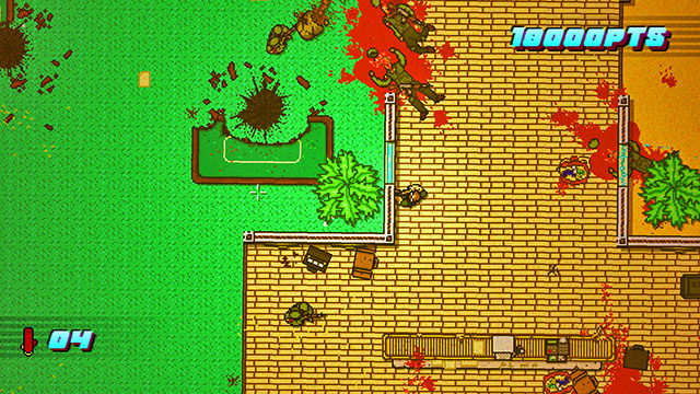 Below the shooters, there is another soldier crouching behind a cover, and two more with melee weapons - Scene 14 - Stronghold - Act 4 - Falling - Hotline Miami 2: Wrong Number - Game Guide and Walkthrough
